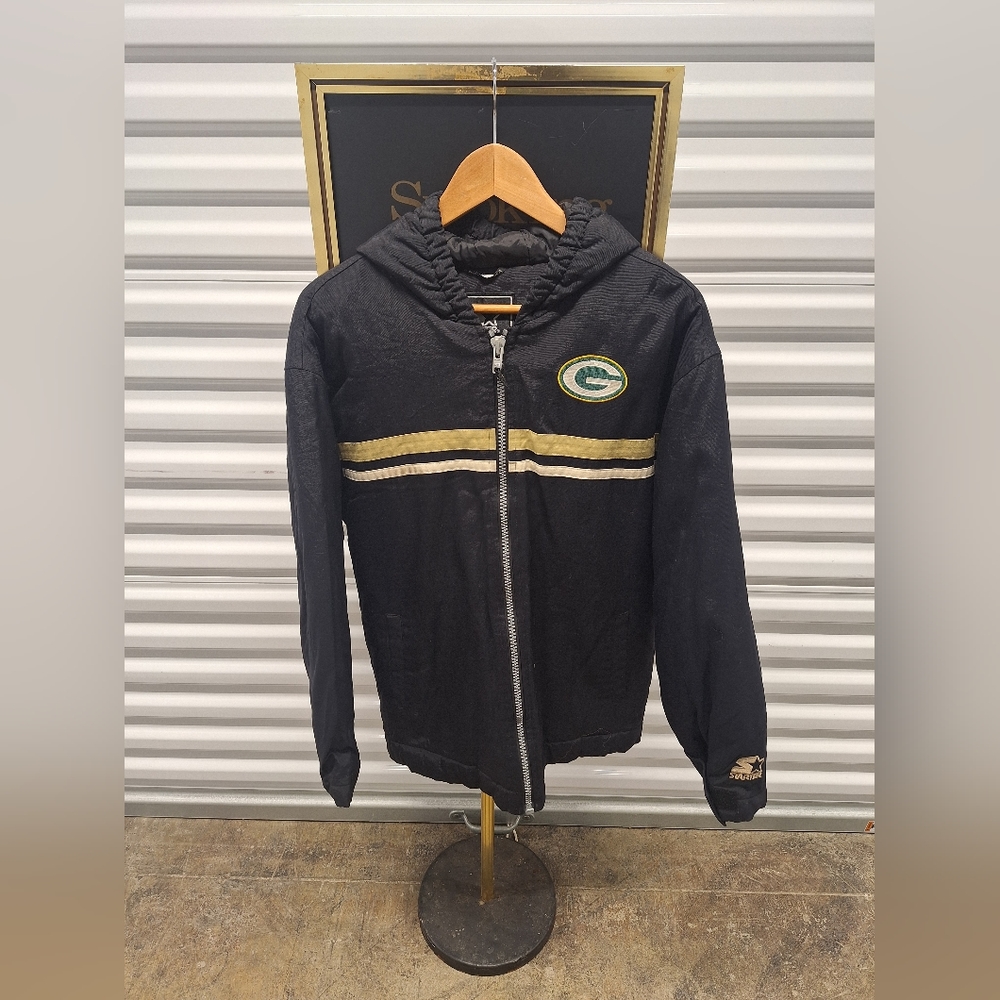Vintage Green Bay Packers STARTER Hooded Jacket Full Zip Black LARGE